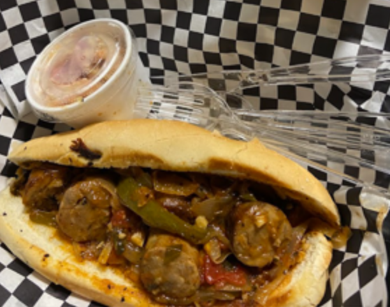 Sausage, Peppers, and Onions on a hoagie roll- $12 Sausage, Peppers, and Onions on a hoagie roll- $12